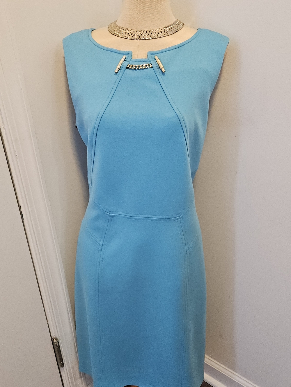 Ivanka Trump Sleeveless Turquoise Blue Chain-Trim Sheath Dress